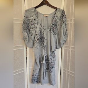 Rebecca Taylor Blue and Gray 100 % Silk Dress with 3/4 Bishop Sleeves